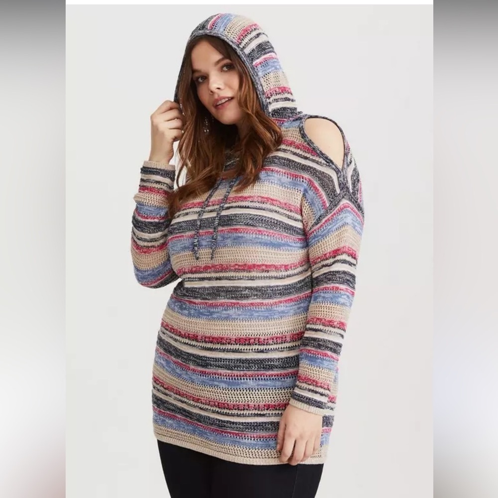 Torrid stripe hoodie knit tunic top cold shoulder